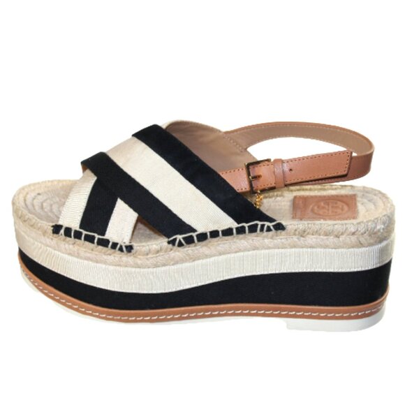 Tory Burch Grosgrain Ribbon Cream And Black Sling Back Platform Sandal, Size 8 - Picture 4 of 11